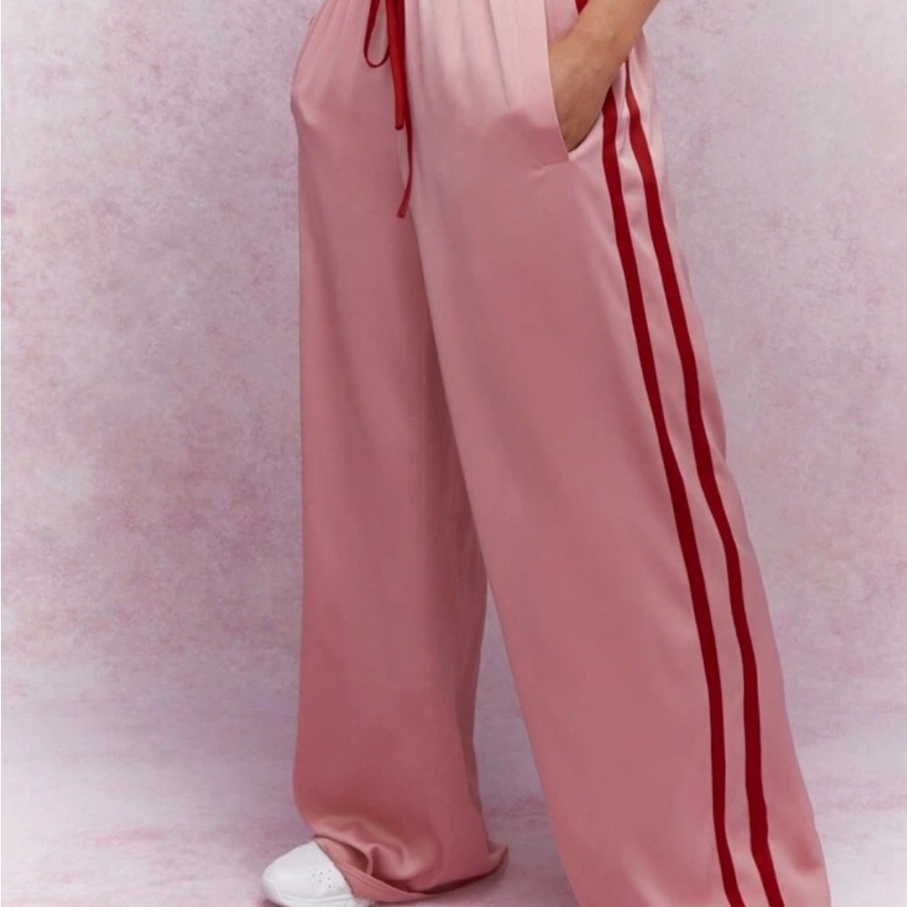 MISSGUIDED Pink and Red Women's Wide-Leg Silky track Pants